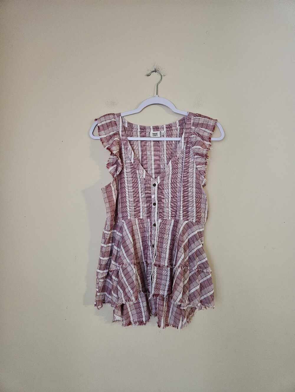 True Craft Women's Pink Striped Ruffle Button-Front Blouse, Size Small